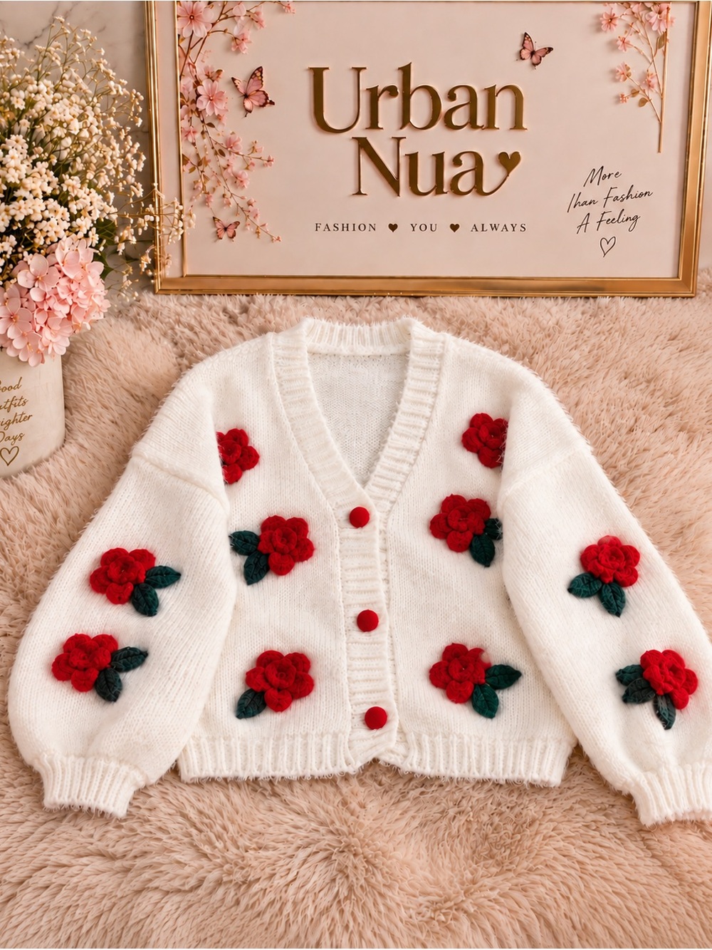 White Floral Appliqué V-Neck Cardigan Sweater